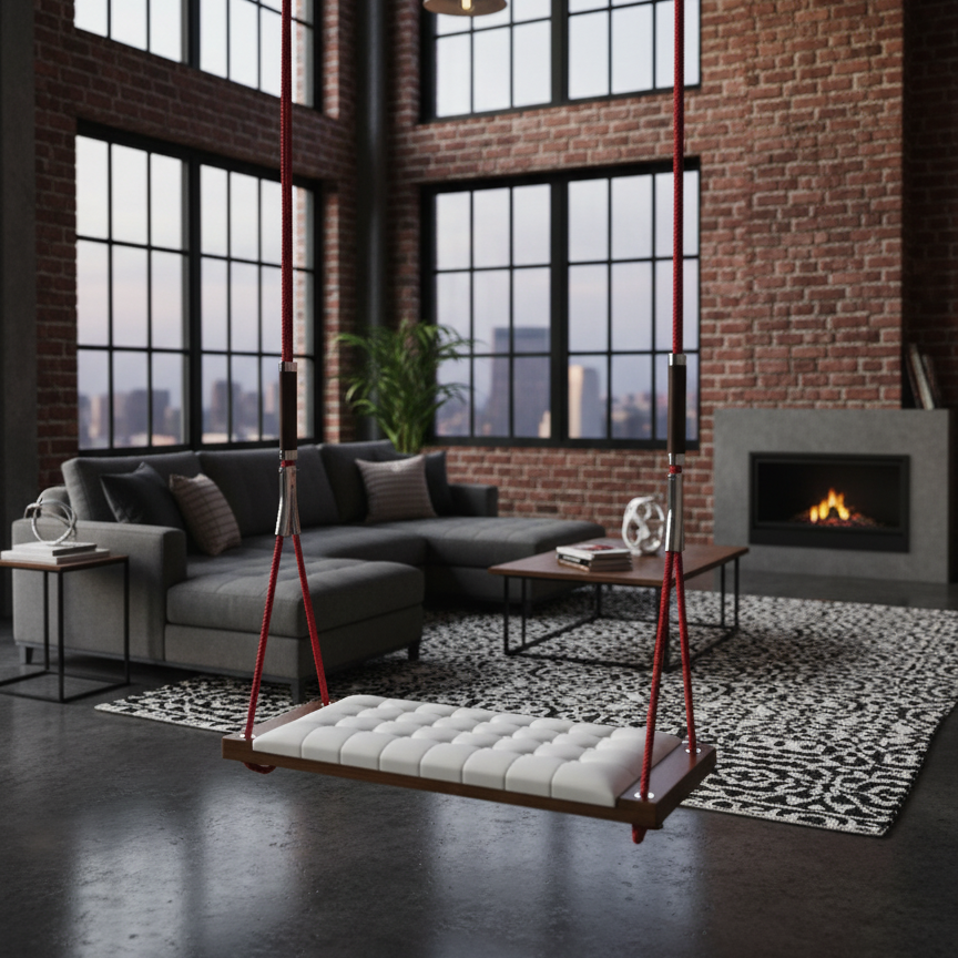 Modern living room with a swing, sofa, and fireplace.